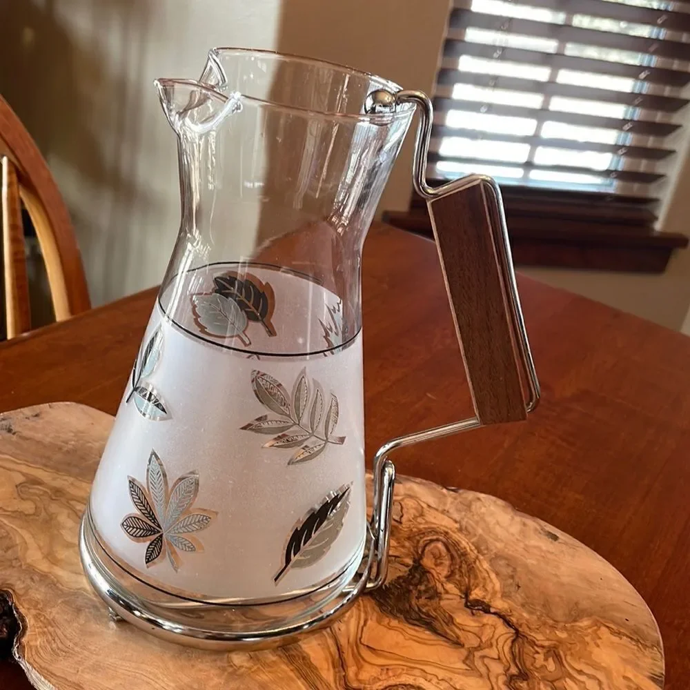 Libbey Glass Teak Wood Silver Leaf Frosted Glass Pitcher / Carafe Frosted